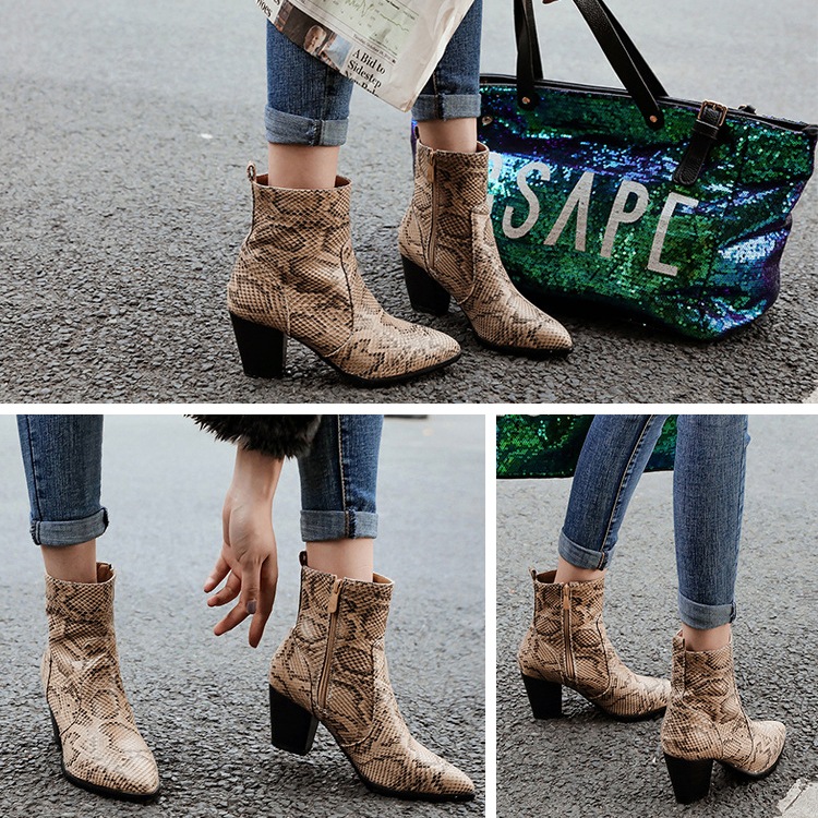 バイカラーヒール パイソン柄 ショートブーツ