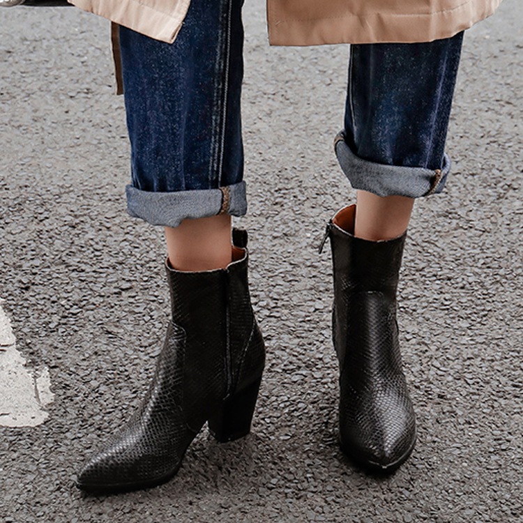 バイカラーヒール パイソン柄 ショートブーツ