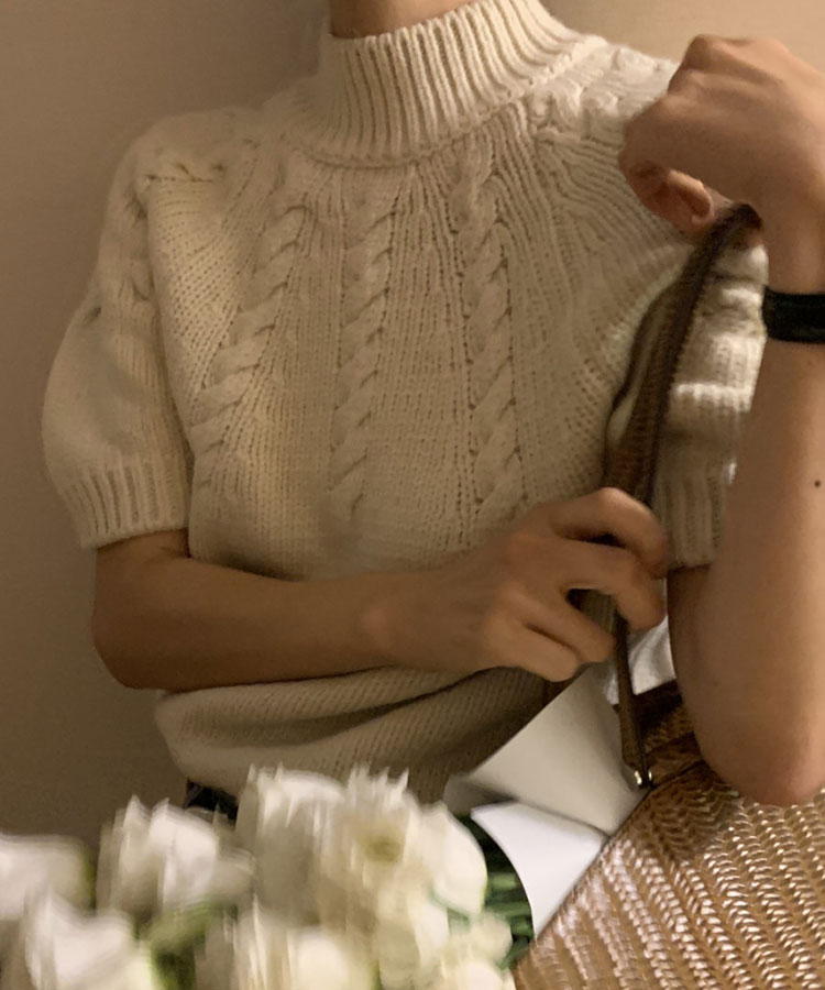 ハイネック ケーブル編み 半袖 ニット トップス