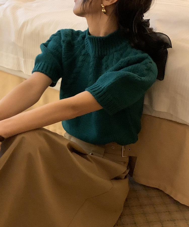 ハイネック ケーブル編み 半袖 ニット トップス