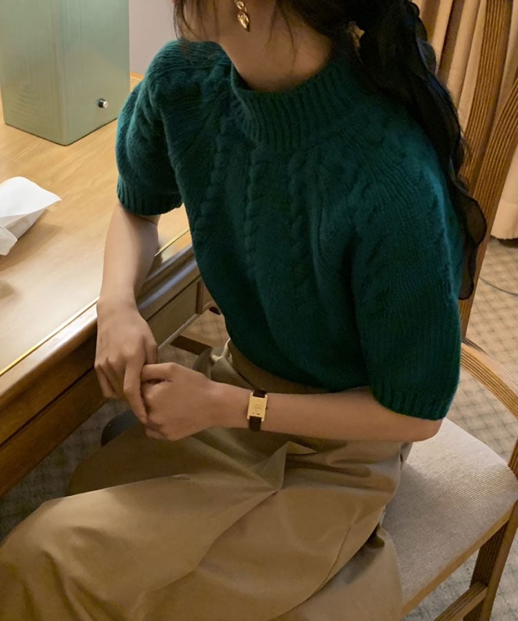 ハイネック ケーブル編み 半袖 ニット トップス