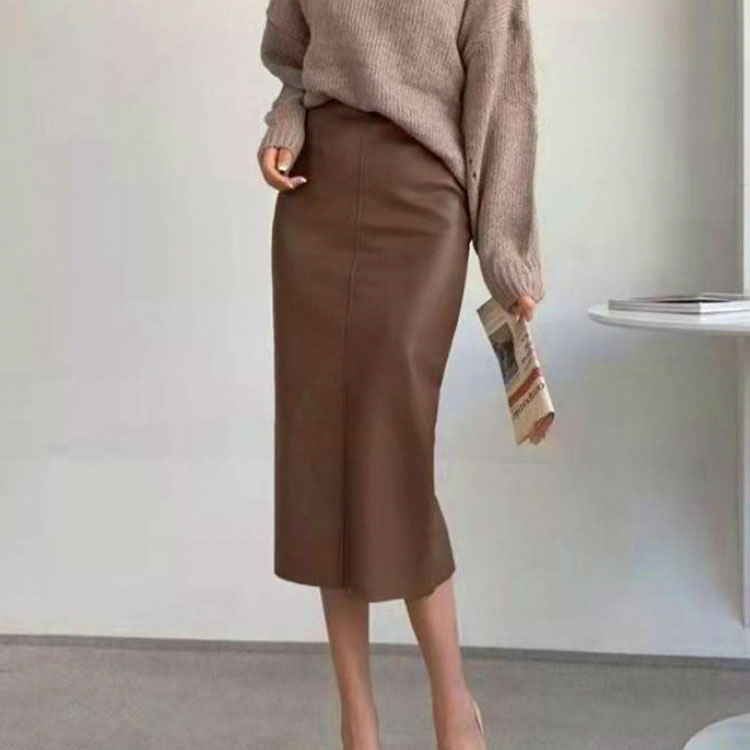 フェイクレザー ミモレ丈 タイト レザースカート