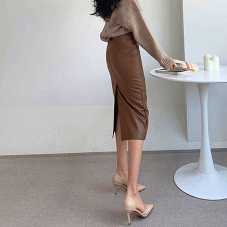 フェイクレザー ミモレ丈 タイト レザースカート