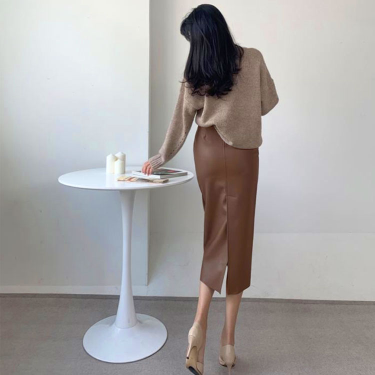 フェイクレザー ミモレ丈 タイト レザースカート