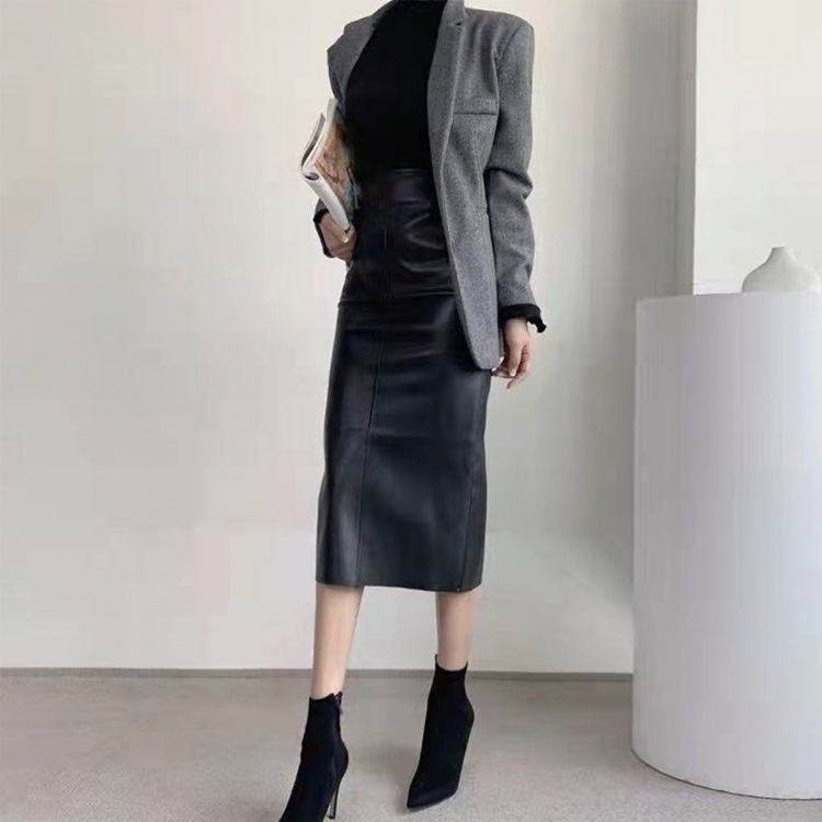 フェイクレザー ミモレ丈 タイト レザースカート