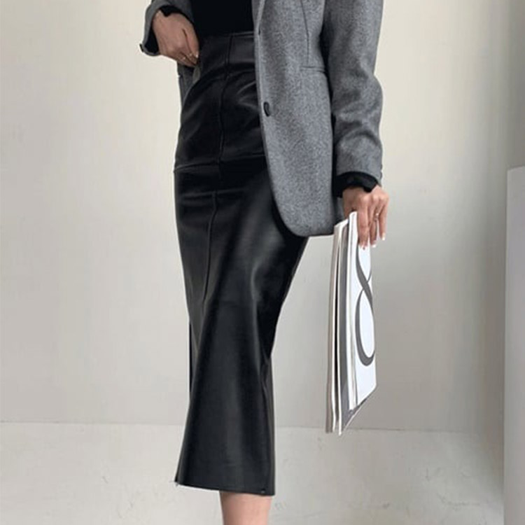 フェイクレザー ミモレ丈 タイト レザースカート