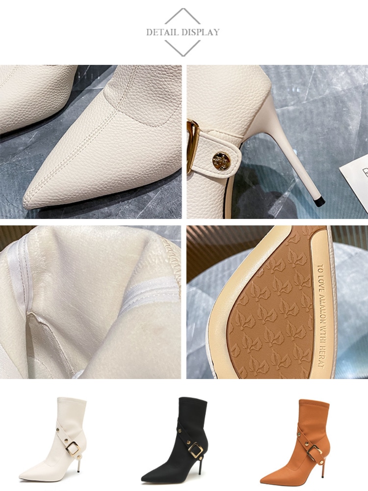 ベルト付き ポインテッドトゥ ハイヒール ショートブーツ