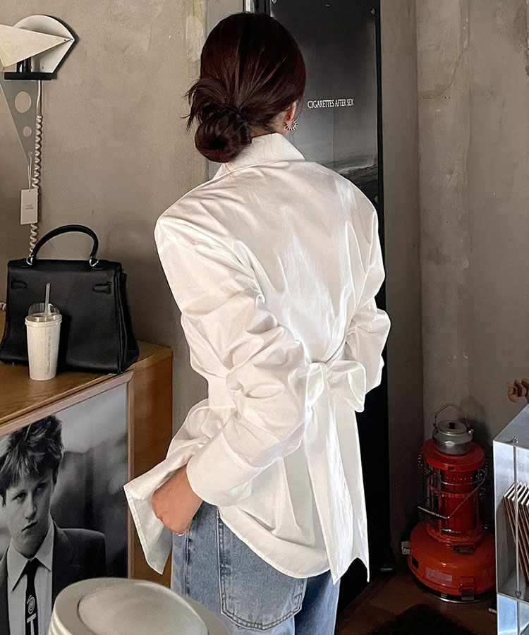 オープンカラー バックリボン 長袖 シャツ ブラウス

