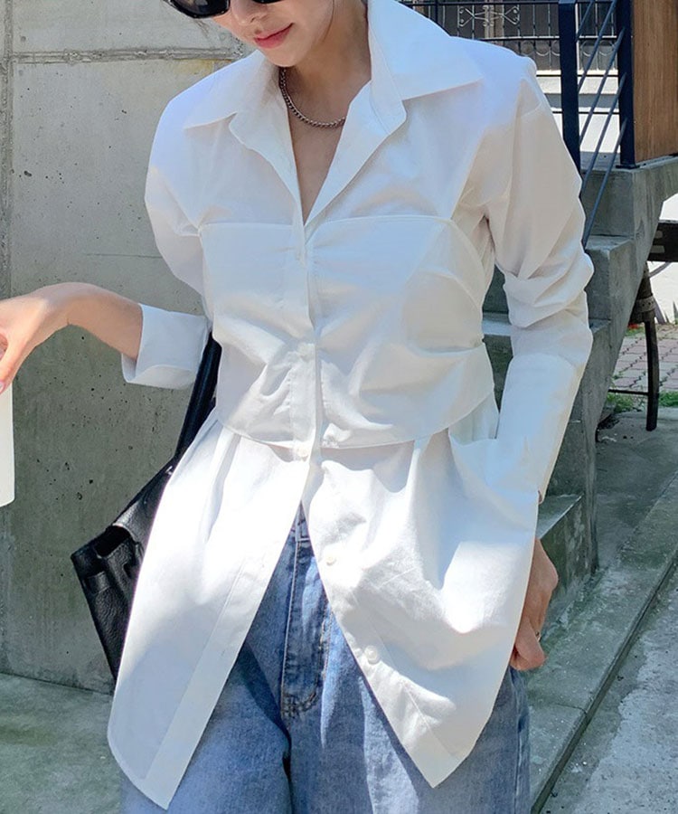 オープンカラー バックリボン 長袖 シャツ ブラウス

