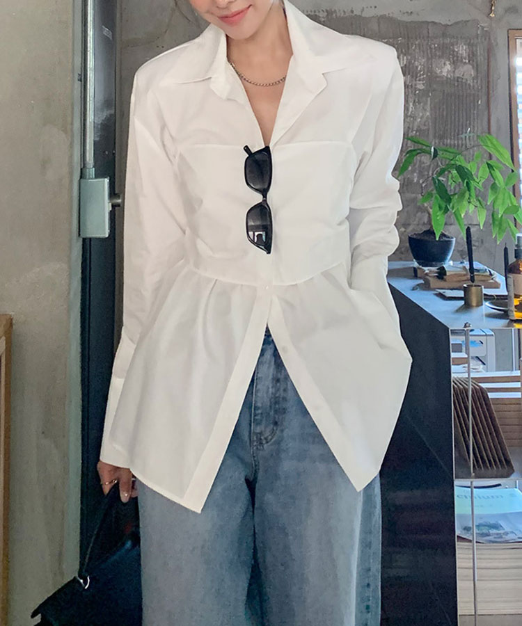 オープンカラー バックリボン 長袖 シャツ ブラウス

