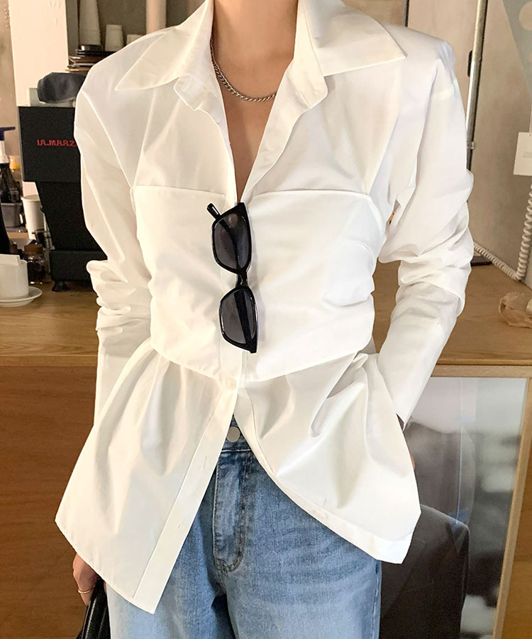 オープンカラー バックリボン 長袖 シャツ ブラウス

