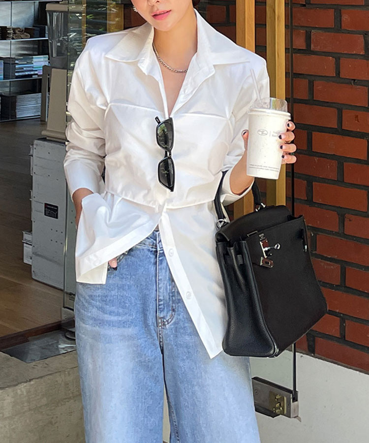 オープンカラー バックリボン 長袖 シャツ ブラウス

