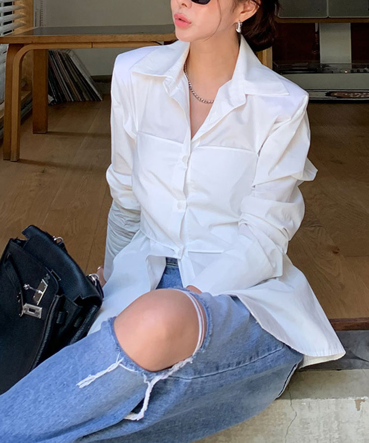 オープンカラー バックリボン 長袖 シャツ ブラウス

