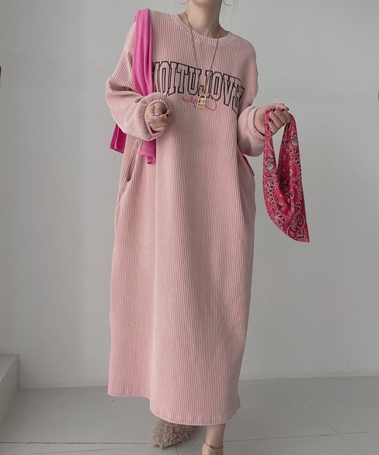 ぽわん袖 ゆったり コーデュロイ ロングワンピース

