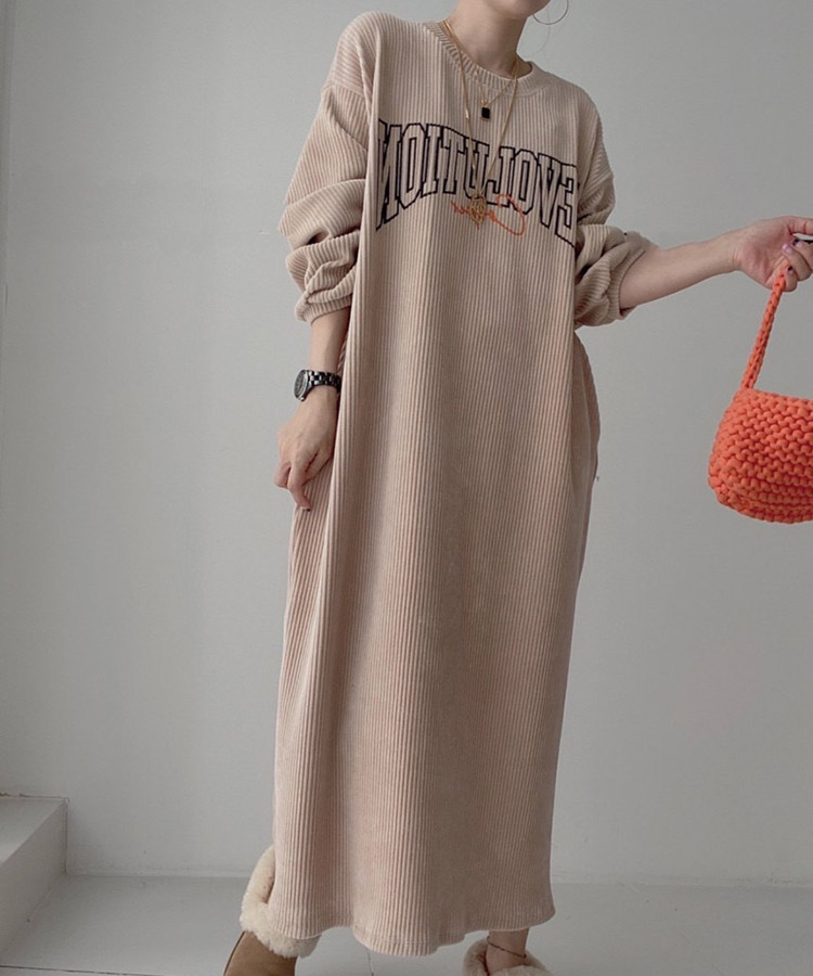 ぽわん袖 ゆったり コーデュロイ ロングワンピース

