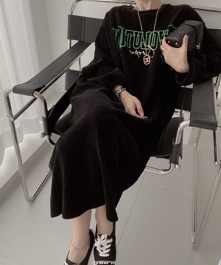 ぽわん袖 ゆったり コーデュロイ ロングワンピース

