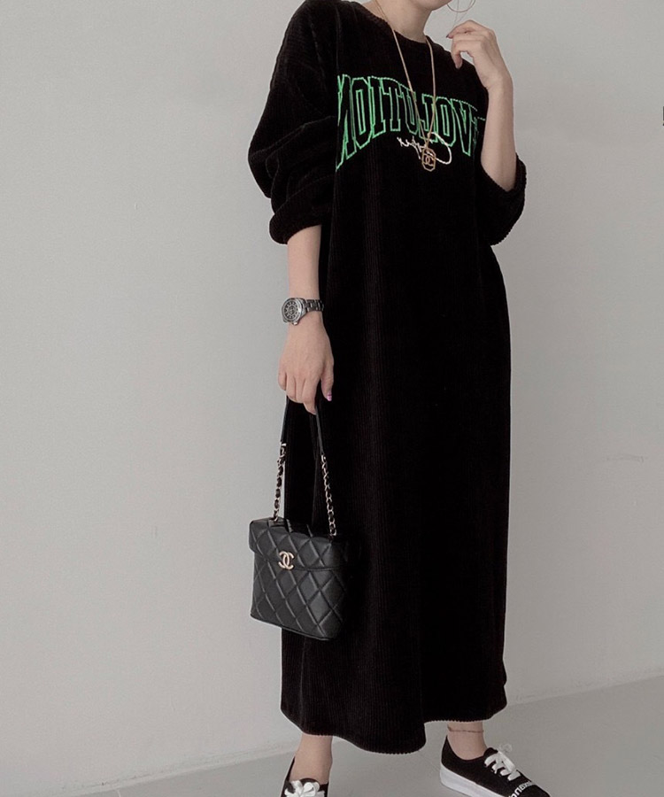 ぽわん袖 ゆったり コーデュロイ ロングワンピース

