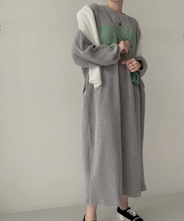 ぽわん袖 ゆったり コーデュロイ ロングワンピース

