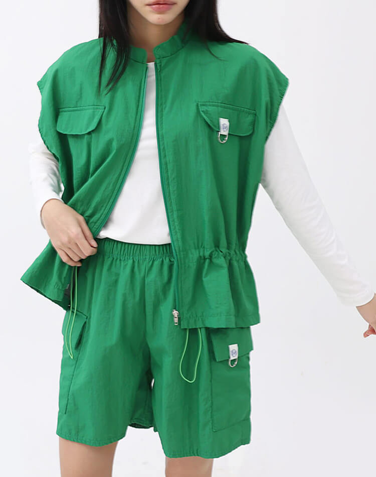 裏地付き ジップアップ ドロップショルダー 半袖 ベスト 

