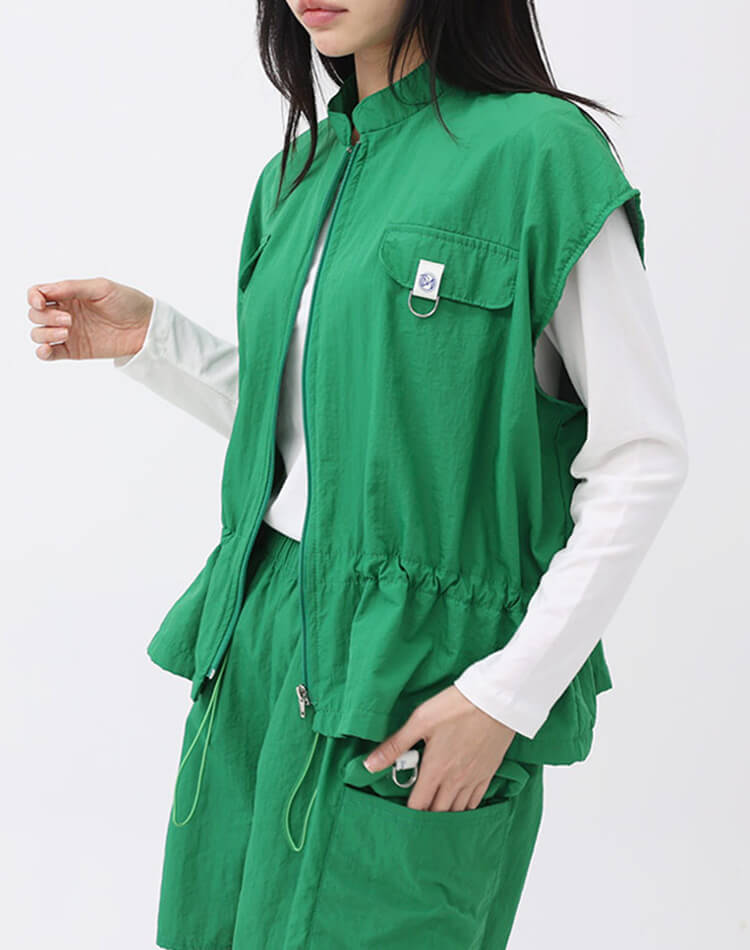 裏地付き ジップアップ ドロップショルダー 半袖 ベスト 

