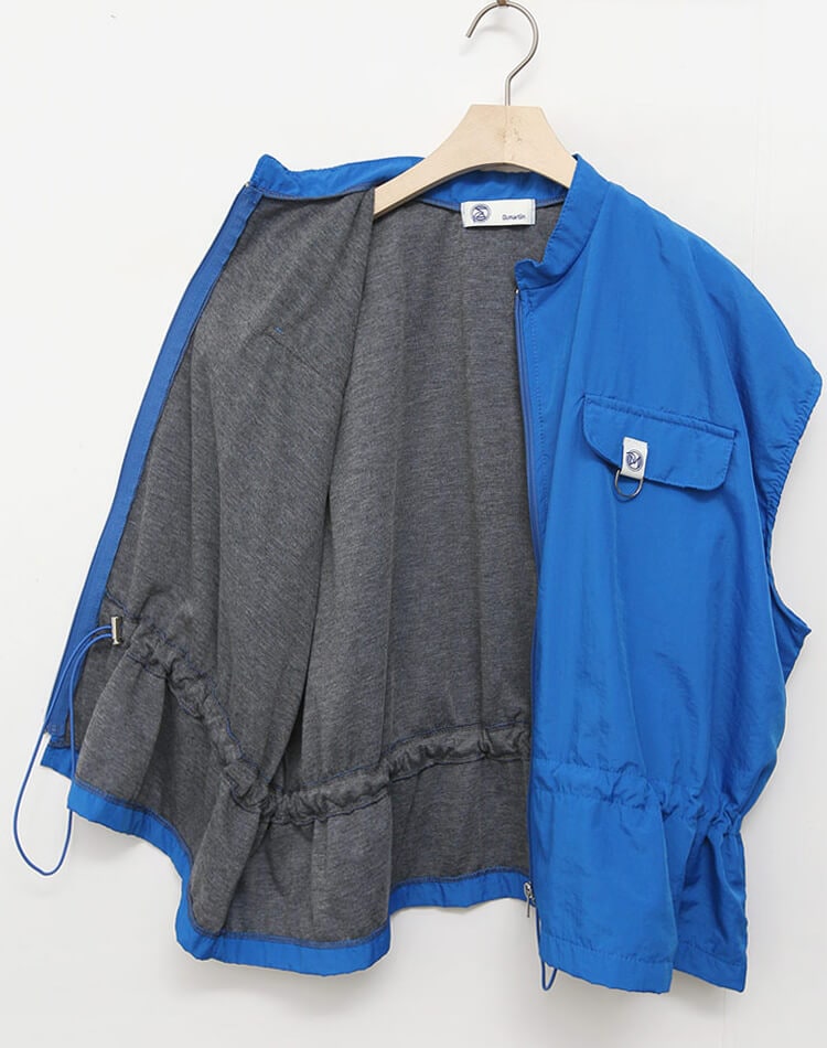 裏地付き ジップアップ ドロップショルダー 半袖 ベスト 

