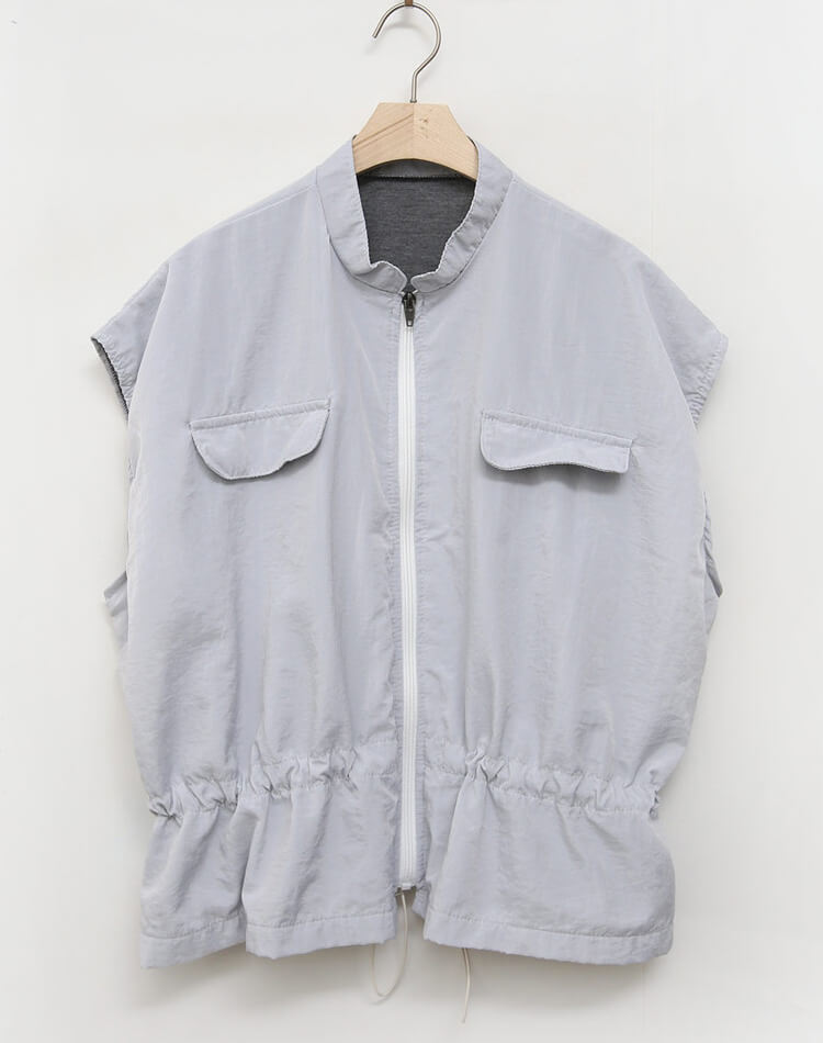 裏地付き ジップアップ ドロップショルダー 半袖 ベスト 

