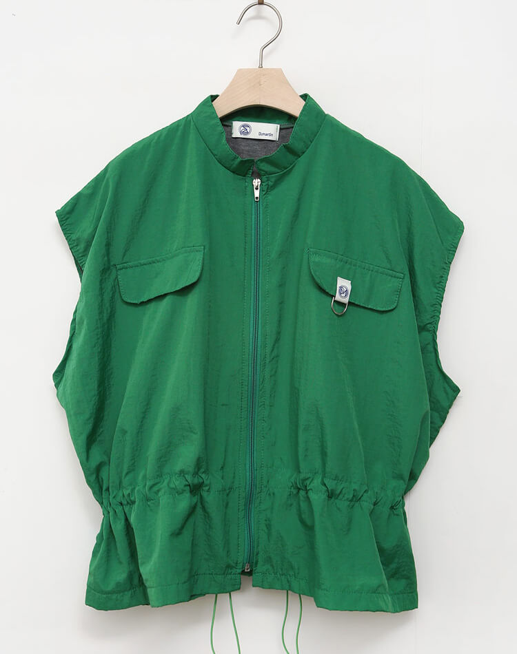 裏地付き ジップアップ ドロップショルダー 半袖 ベスト 

