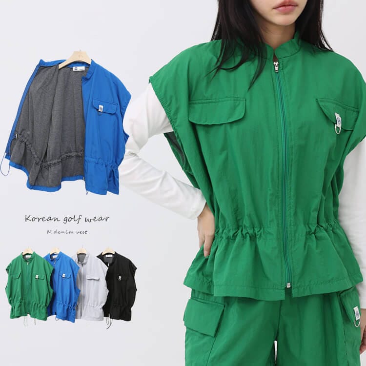 裏地付き ジップアップ ドロップショルダー 半袖 ベスト 

