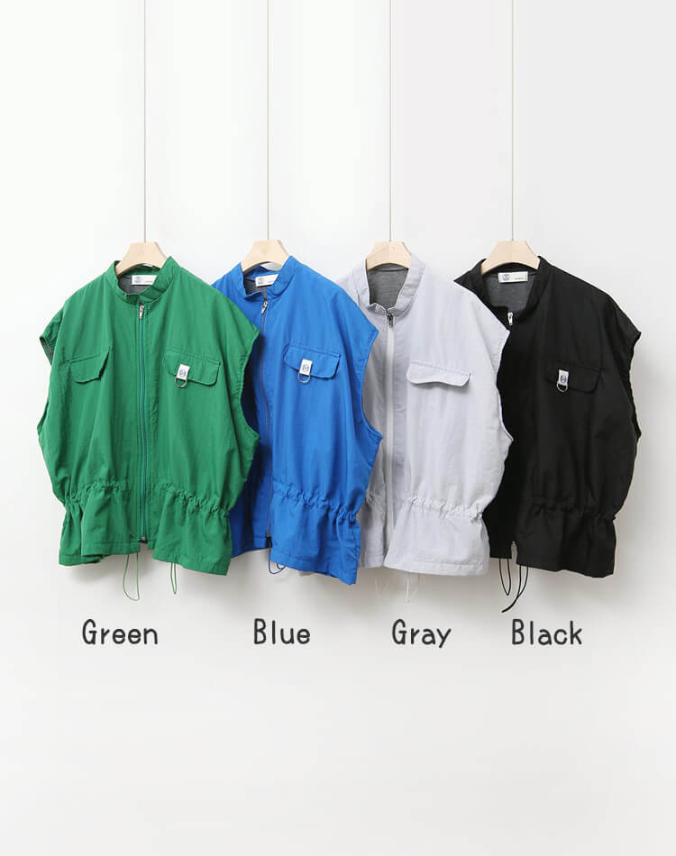 裏地付き ジップアップ ドロップショルダー 半袖 ベスト 

