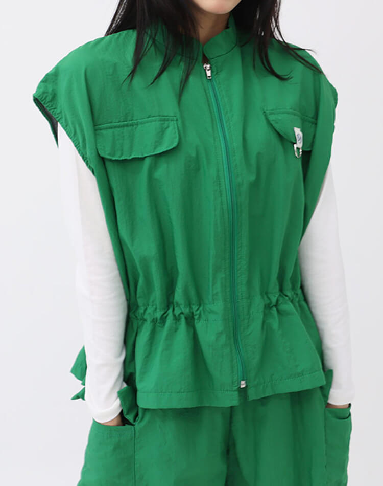 裏地付き ジップアップ ドロップショルダー 半袖 ベスト 

