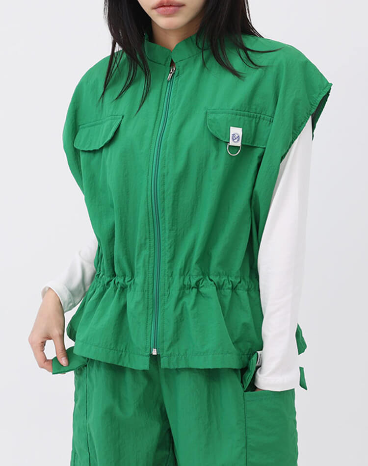 裏地付き ジップアップ ドロップショルダー 半袖 ベスト 

