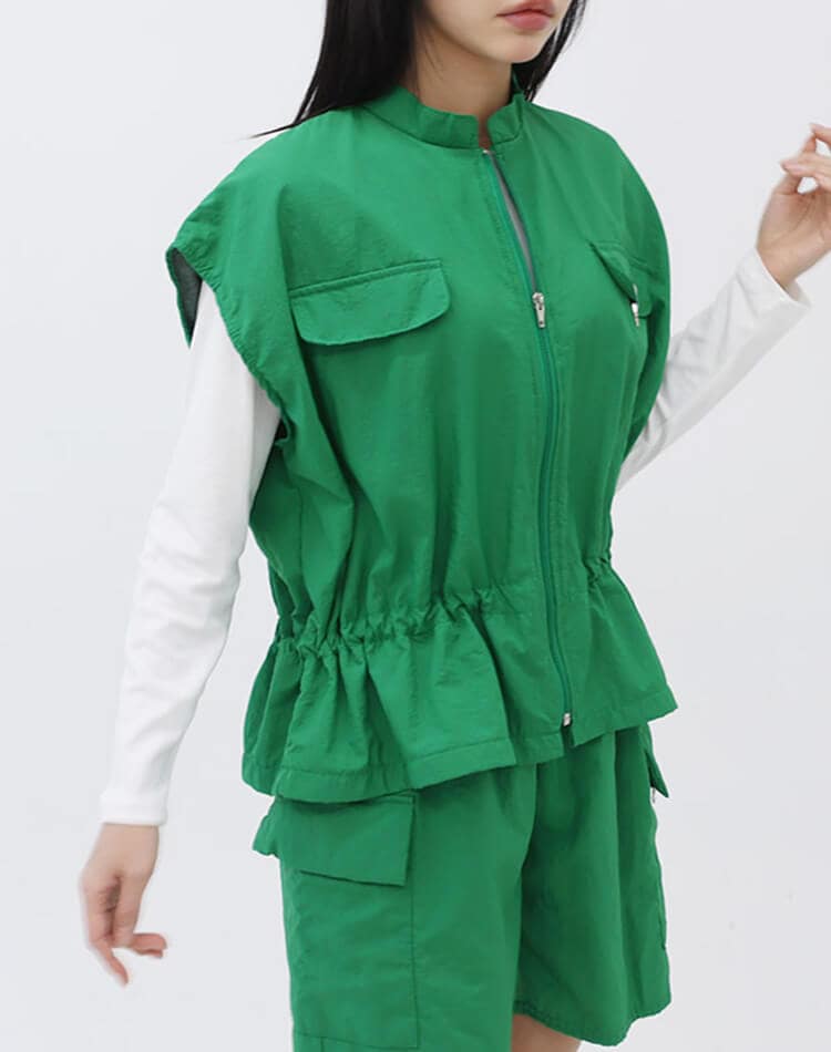 裏地付き ジップアップ ドロップショルダー 半袖 ベスト 

