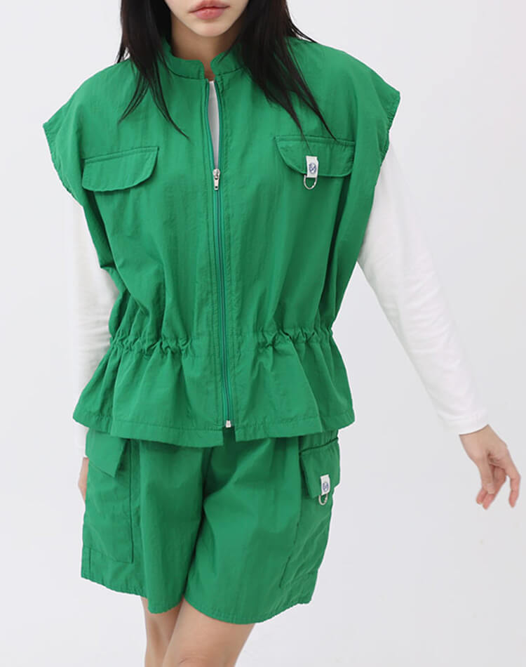 裏地付き ジップアップ ドロップショルダー 半袖 ベスト 

