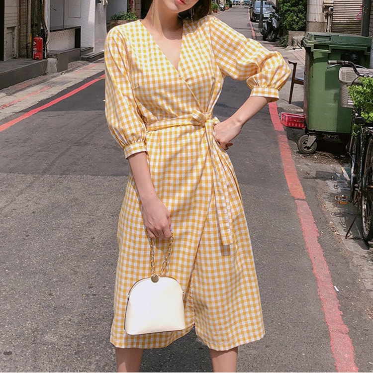 ギンガムチェック柄 膝丈 ７分袖 カシュクール ワンピース