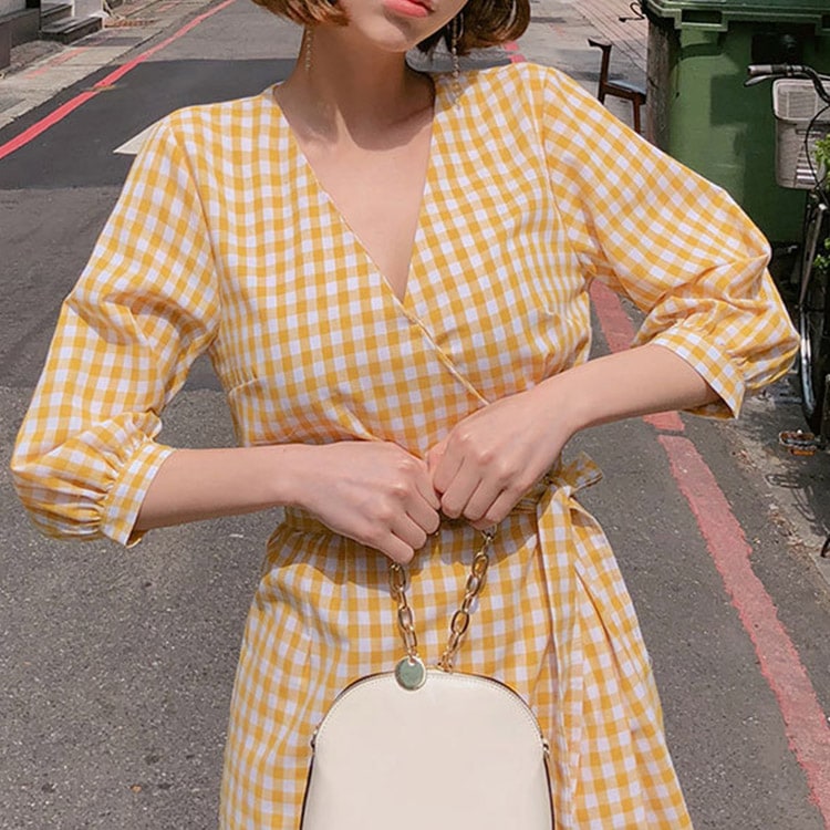 ギンガムチェック柄 膝丈 ７分袖 カシュクール ワンピース