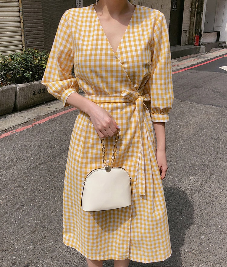 ギンガムチェック柄 膝丈 ７分袖 カシュクール ワンピース
