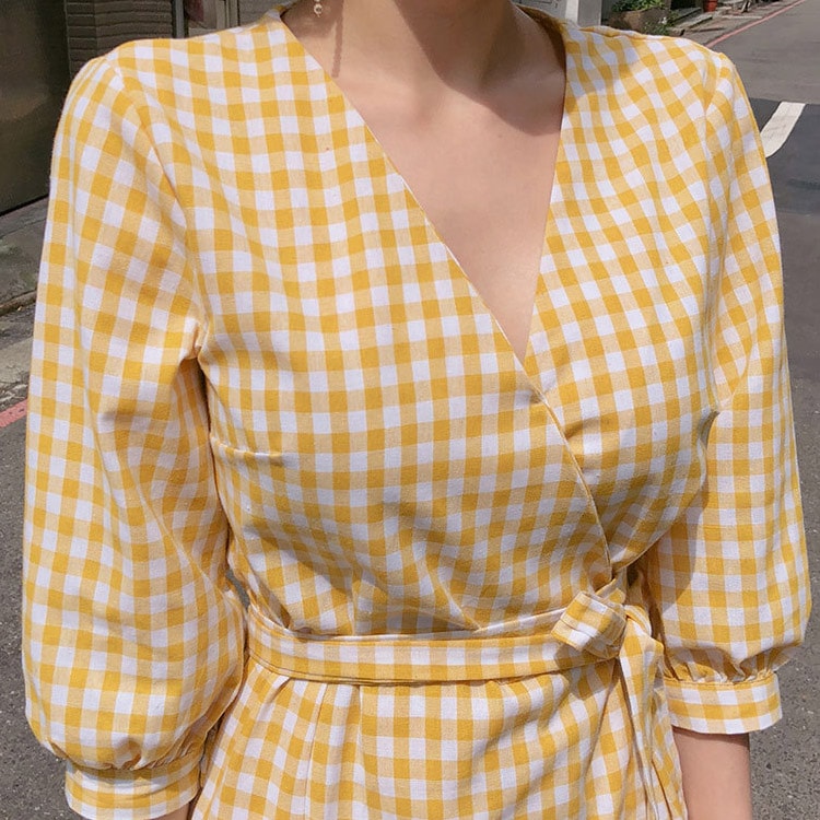 ギンガムチェック柄 膝丈 ７分袖 カシュクール ワンピース