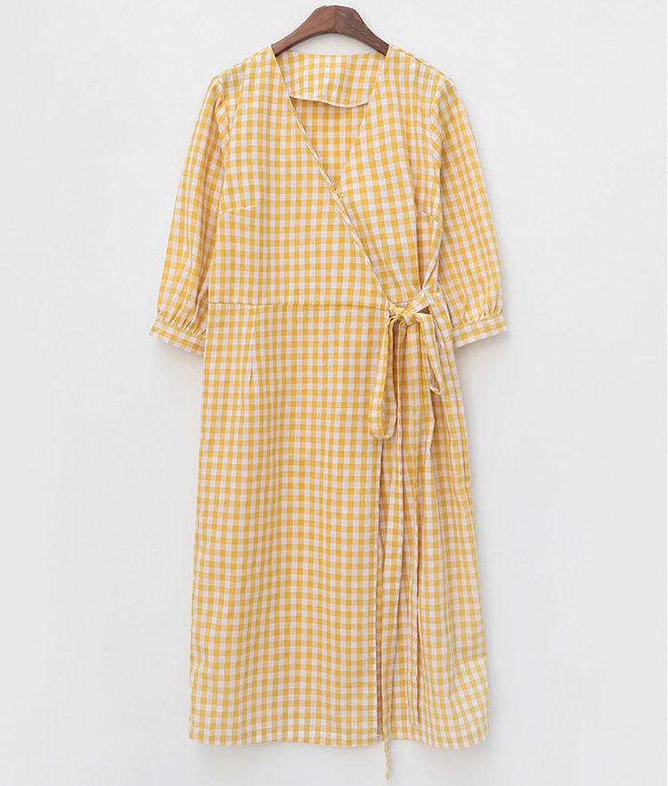 ギンガムチェック柄 膝丈 ７分袖 カシュクール ワンピース
