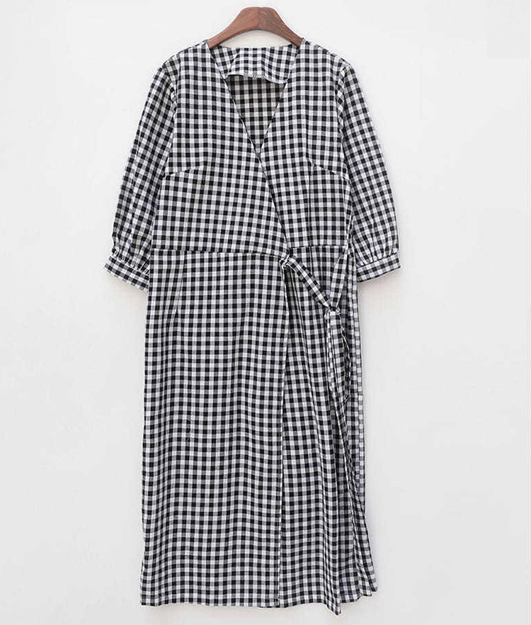 ギンガムチェック柄 膝丈 ７分袖 カシュクール ワンピース