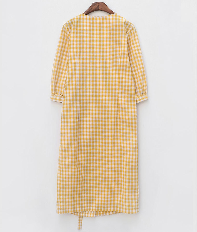 ギンガムチェック柄 膝丈 ７分袖 カシュクール ワンピース