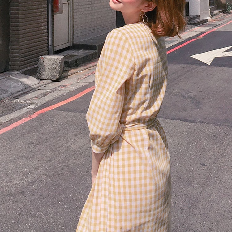ギンガムチェック柄 膝丈 ７分袖 カシュクール ワンピース