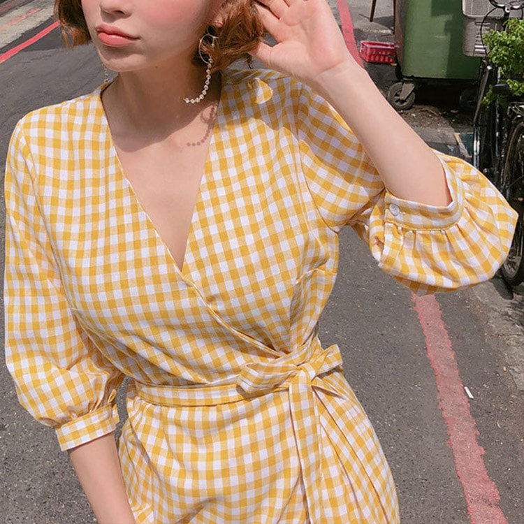 ギンガムチェック柄 膝丈 ７分袖 カシュクール ワンピース