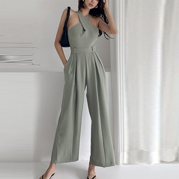 クロスネック ノースリーブ ワイドパンツ サロペット