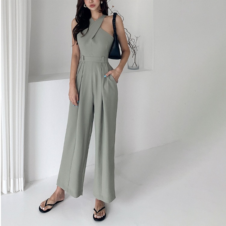 クロスネック ノースリーブ ワイドパンツ サロペット