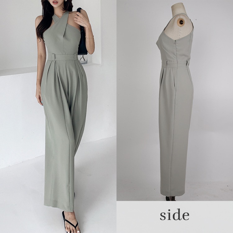 クロスネック ノースリーブ ワイドパンツ サロペット