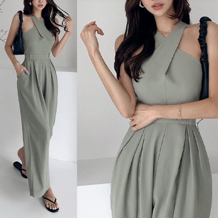 クロスネック ノースリーブ ワイドパンツ サロペット