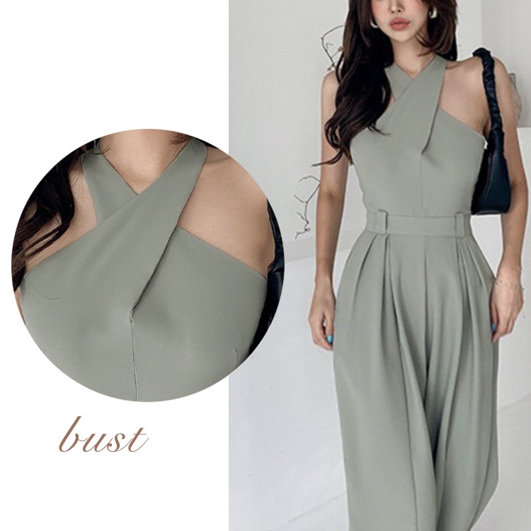 クロスネック ノースリーブ ワイドパンツ サロペット