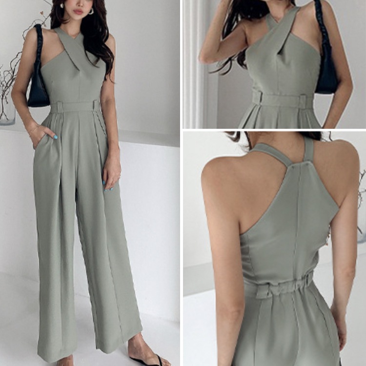 クロスネック ノースリーブ ワイドパンツ サロペット