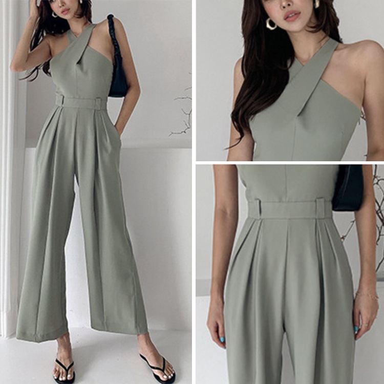 クロスネック ノースリーブ ワイドパンツ サロペット