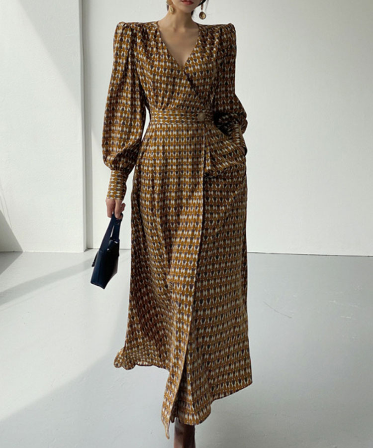 ロング丈 カシュクール Vネック ラップワンピース